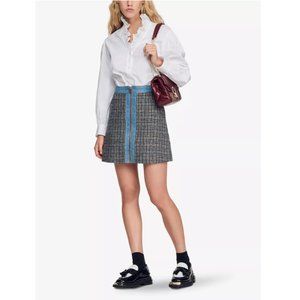 SANDRO Mary Jane denim-trimmed tweed mini skirt